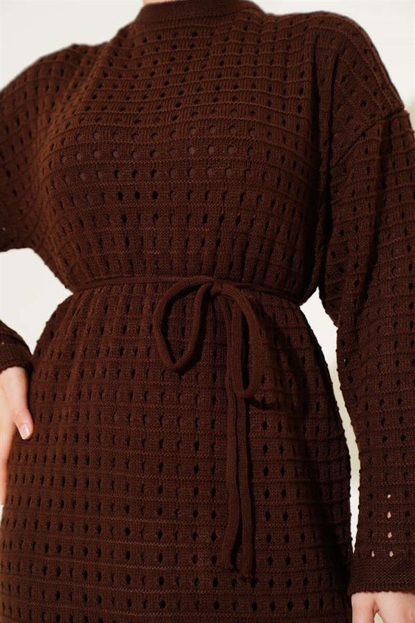 Openwork Knit Dress with Rope Belt, Brown