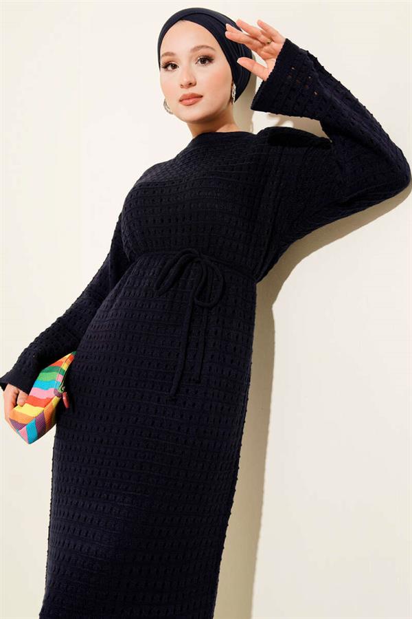 Openwork Knit Dress with Rope Belt, Navy Blue