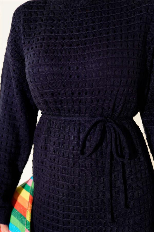 Openwork Knit Dress with Rope Belt, Navy Blue