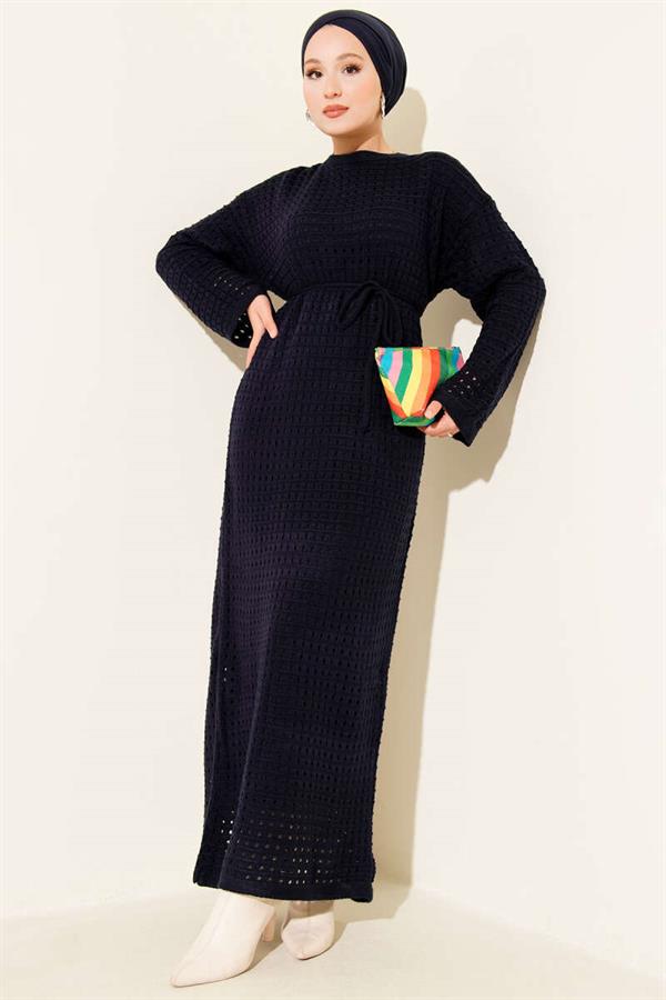 Openwork Knit Dress with Rope Belt, Navy Blue