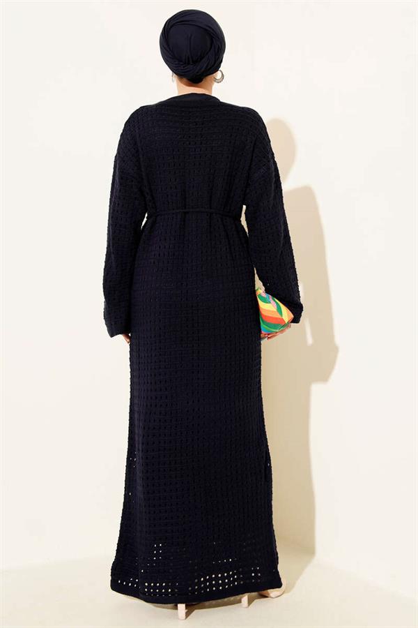 Openwork Knit Dress with Rope Belt, Navy Blue