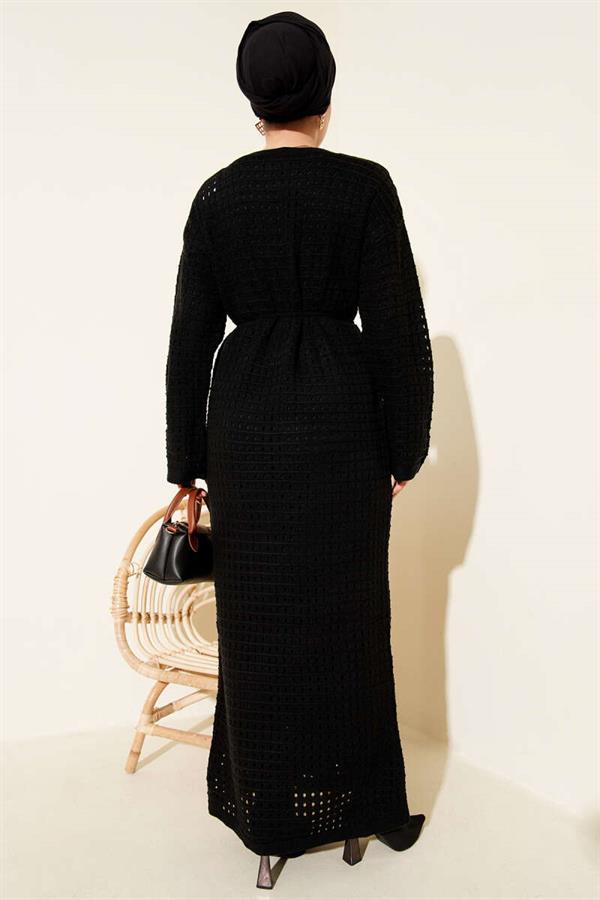 Openwork Knit Dress with Rope Belt, Black