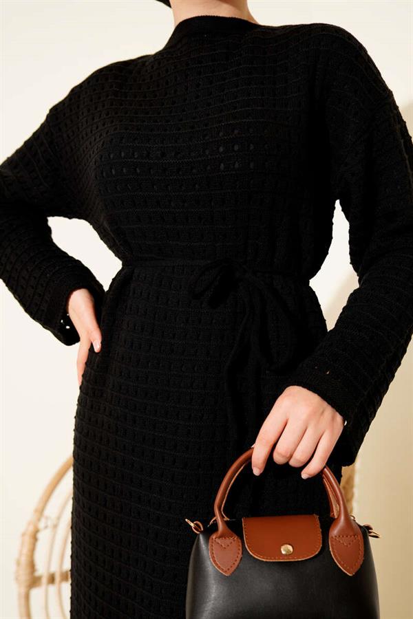 Openwork Knit Dress with Rope Belt, Black