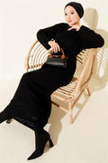 Openwork Knit Dress with Rope Belt, Black