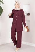 Aller Detailed Buttoned Tunic and Pants 2 Piece Set, Burgundy