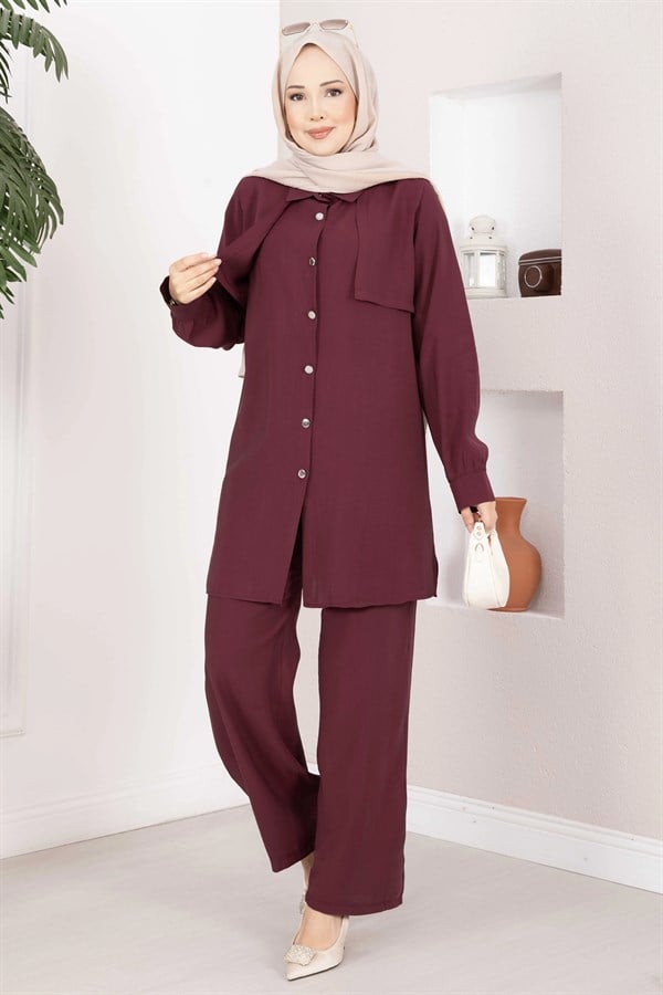 Aller Detailed Buttoned Tunic and Pants 2 Piece Set, Burgundy