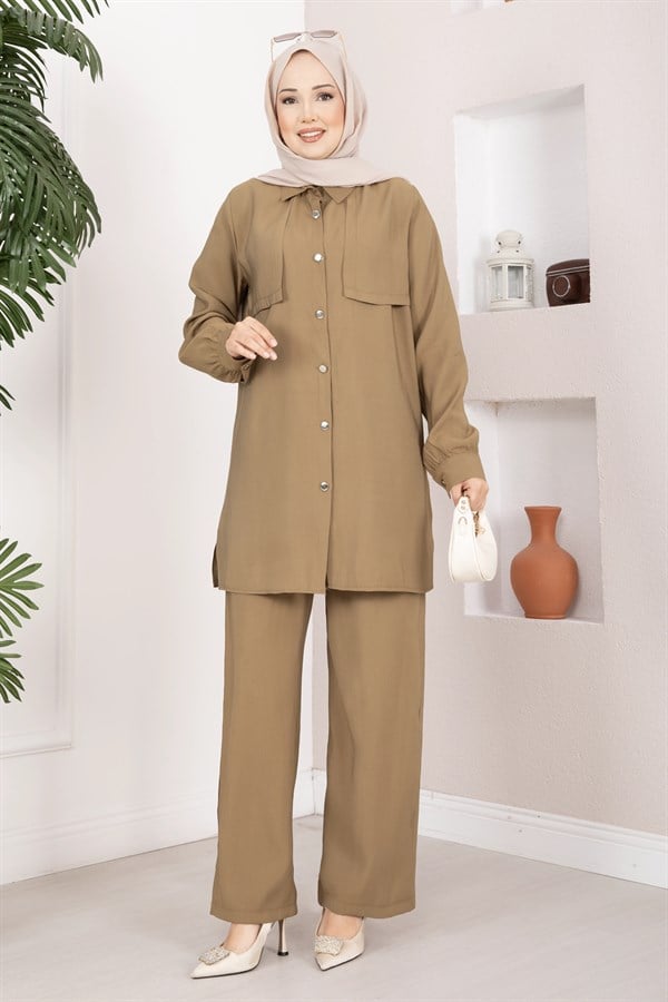 Aller Detailed Buttoned Tunic and Pants 2 Piece Set Camel