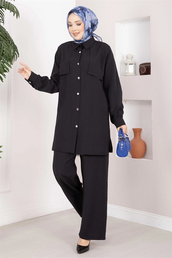 Aller Detailed Buttoned Tunic and Pants 2 Piece Set Black