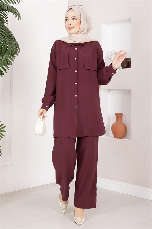 Aller Detailed Buttoned Tunic and Pants 2 Piece Set, Burgundy