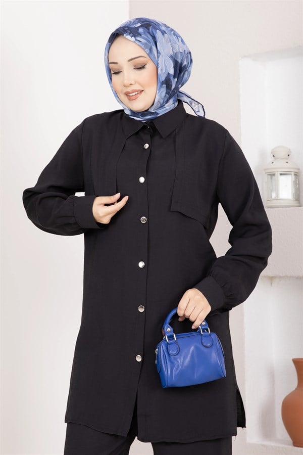 Aller Detailed Buttoned Tunic and Pants 2 Piece Set Black