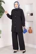 Aller Detailed Buttoned Tunic and Pants 2 Piece Set Black