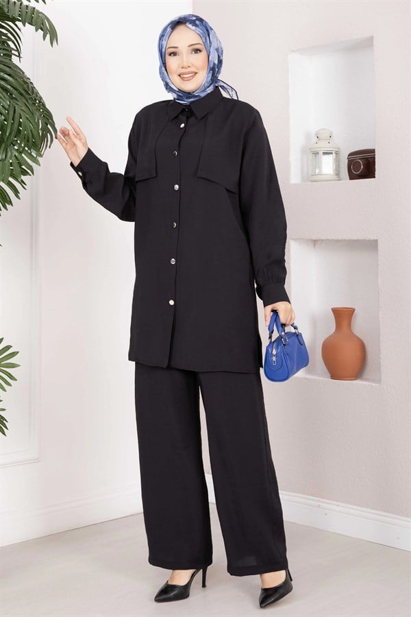 Aller Detailed Buttoned Tunic and Pants 2 Piece Set Black