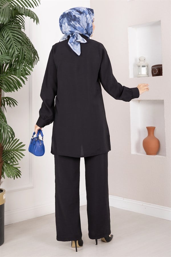 Aller Detailed Buttoned Tunic and Pants 2 Piece Set Black