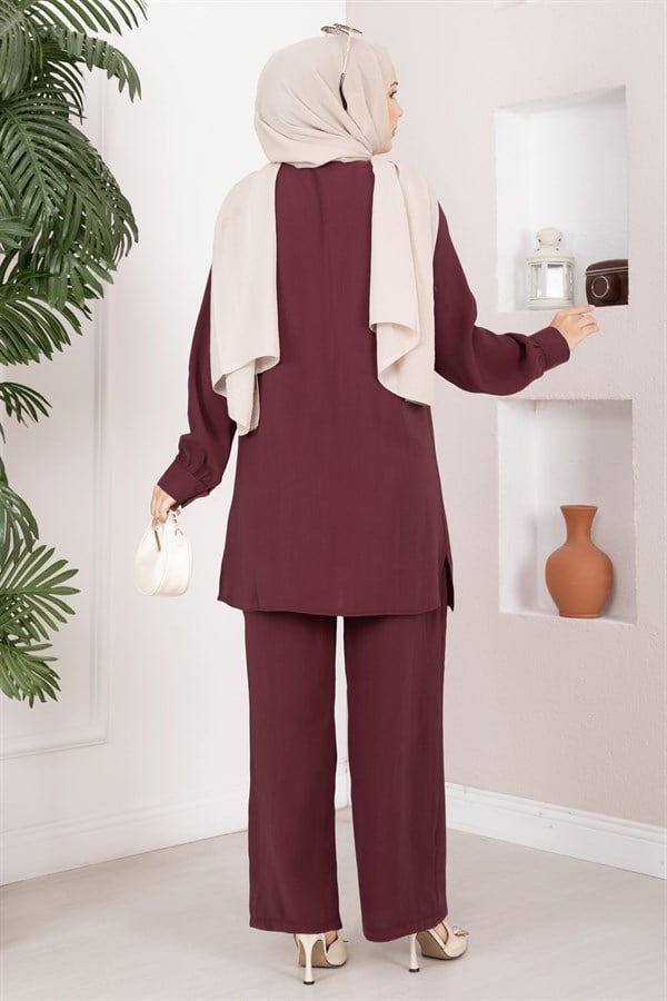 Aller Detailed Buttoned Tunic and Pants 2 Piece Set, Burgundy