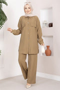 Aller Detailed Buttoned Tunic and Pants 2 Piece Set Camel