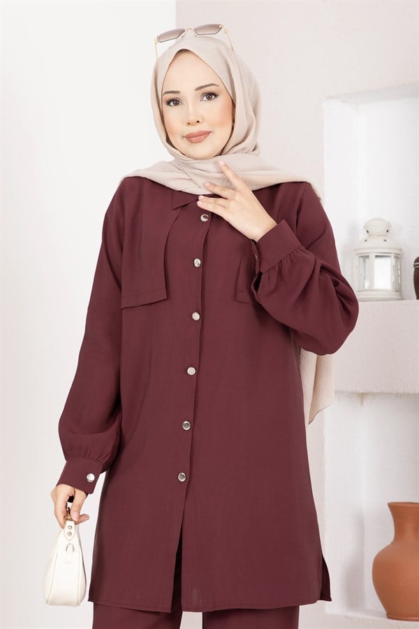 Aller Detailed Buttoned Tunic and Pants 2 Piece Set, Burgundy