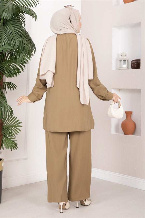 Aller Detailed Buttoned Tunic and Pants 2 Piece Set Camel