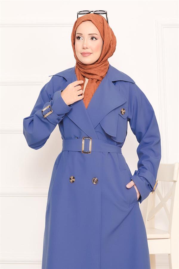Aller Detailed Removable Belted Hijab Trench Coat Indigo