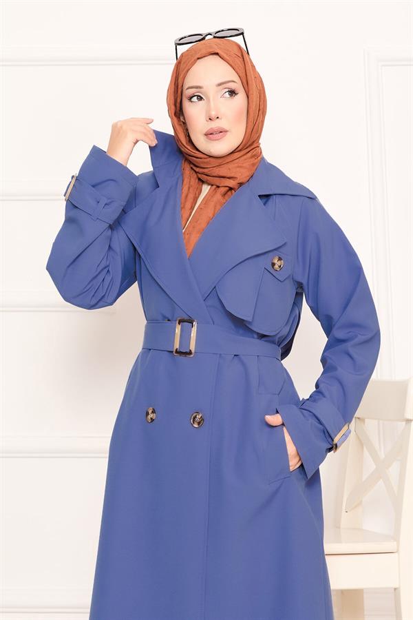 Aller Detailed Removable Belted Hijab Trench Coat Indigo