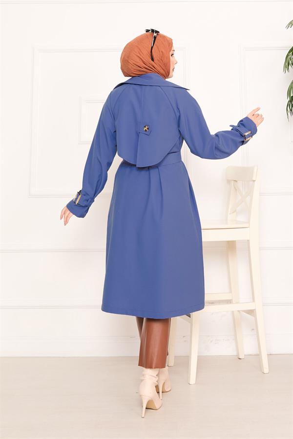 Aller Detailed Removable Belted Hijab Trench Coat Indigo