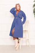 Aller Detailed Removable Belted Hijab Trench Coat Indigo