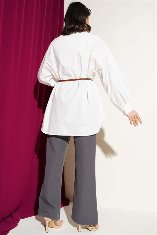 Poplin Shirt with Belt in Ecru