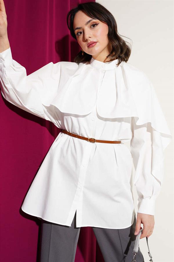 Poplin Shirt with Belt in Ecru