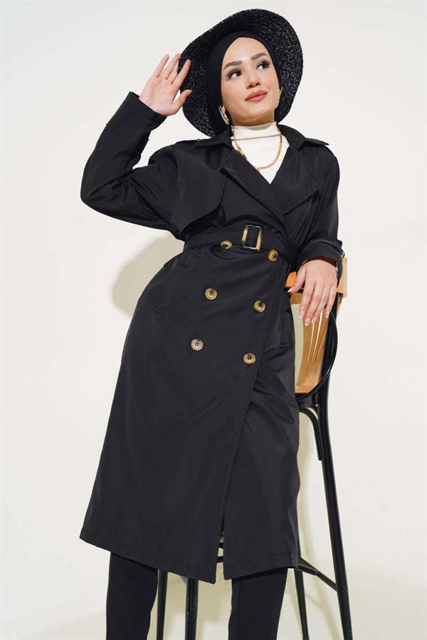 Six Button Belted Trench Coat Black