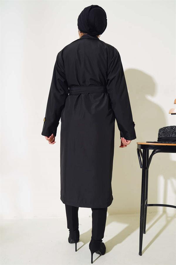 Six Button Belted Trench Coat Black