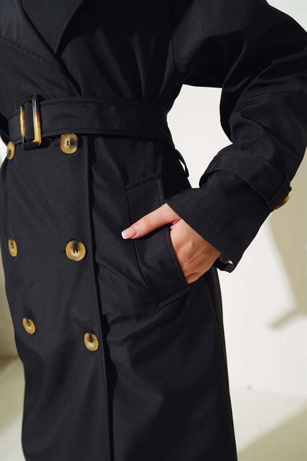 Six Button Belted Trench Coat Black