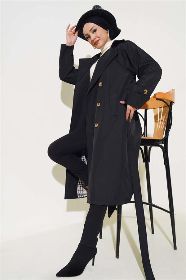Six Button Belted Trench Coat Black