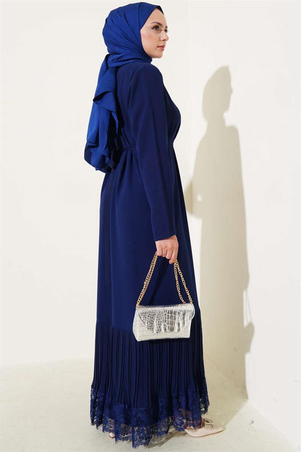 Pleated Lace Dress Navy Blue