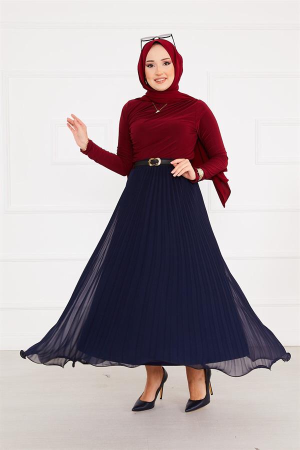 Pleated Modest Skirt with Six Flounces Navy Blue