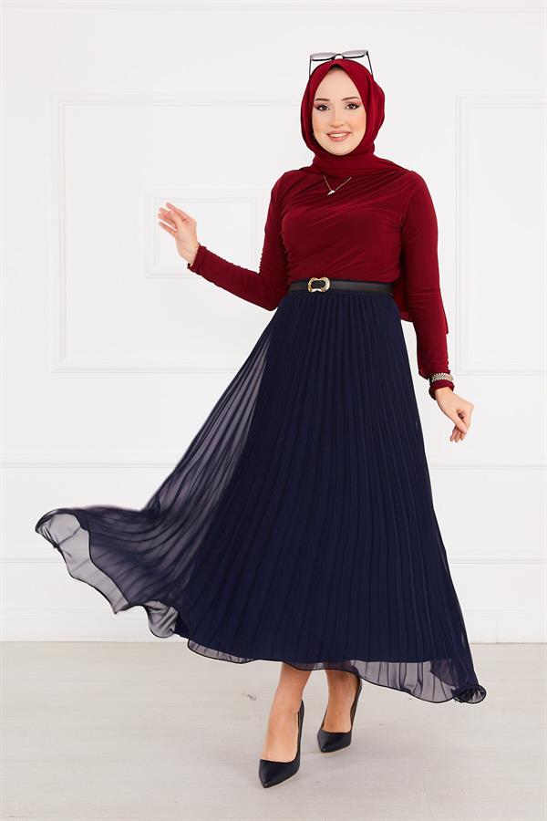 Pleated Modest Skirt with Six Flounces Navy Blue