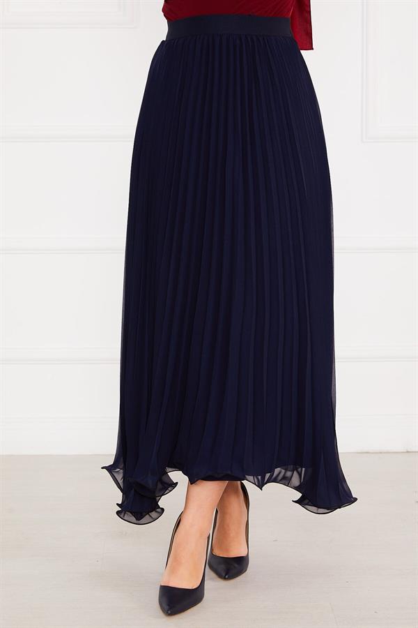 Pleated Modest Skirt with Six Flounces Navy Blue