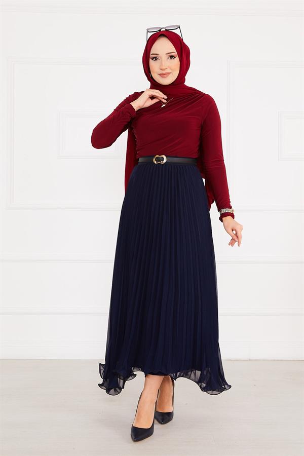 Pleated Modest Skirt with Six Flounces Navy Blue