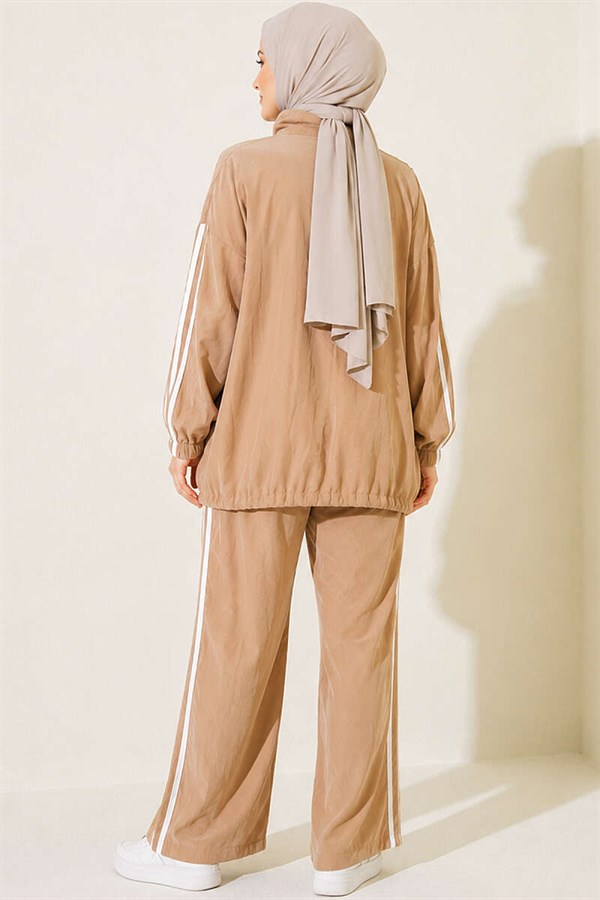 Applique Embellished Zippered 2 Piece Set, Beige