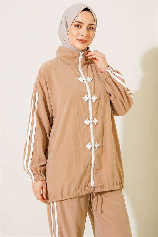 Applique Embellished Zippered 2 Piece Set, Beige