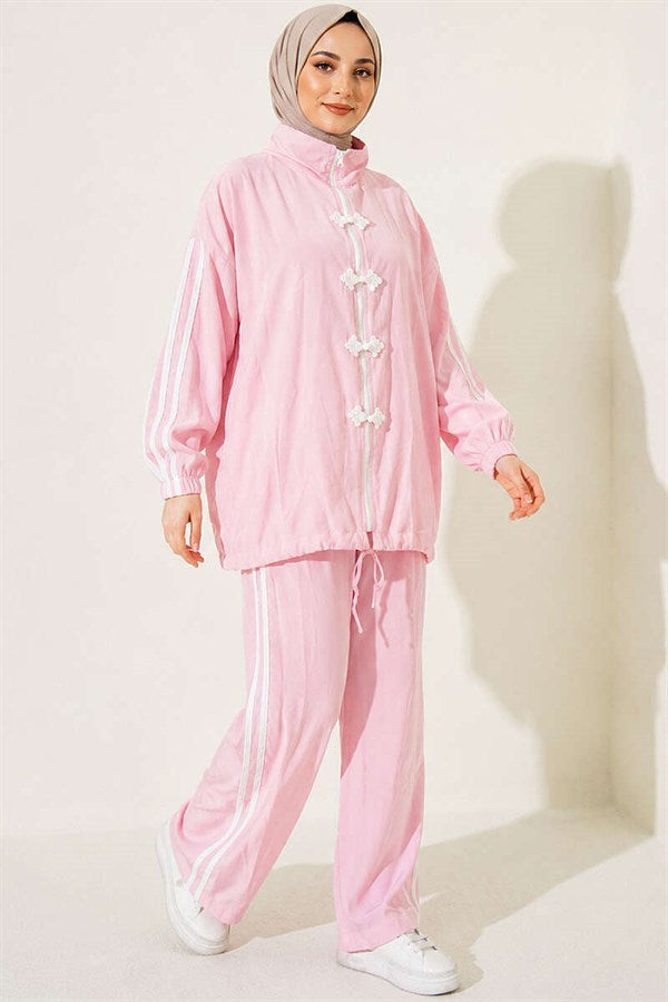 Pink 2 Piece Set with Applique Embellishments and Zipper.