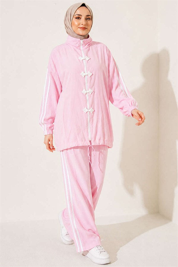 Pink 2 Piece Set with Applique Embellishments and Zipper.