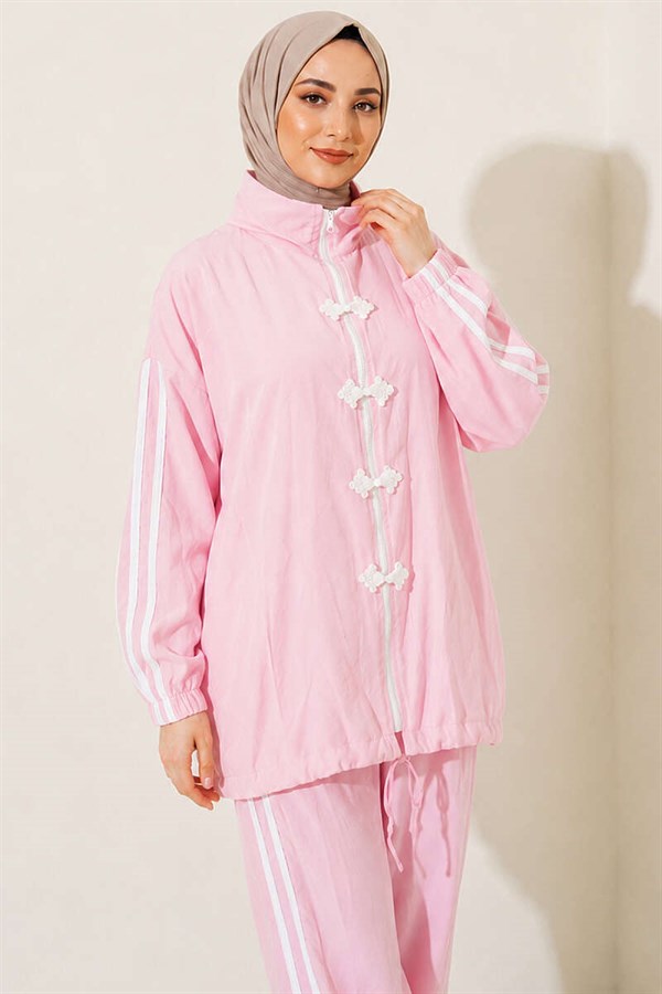 Pink 2 Piece Set with Applique Embellishments and Zipper.