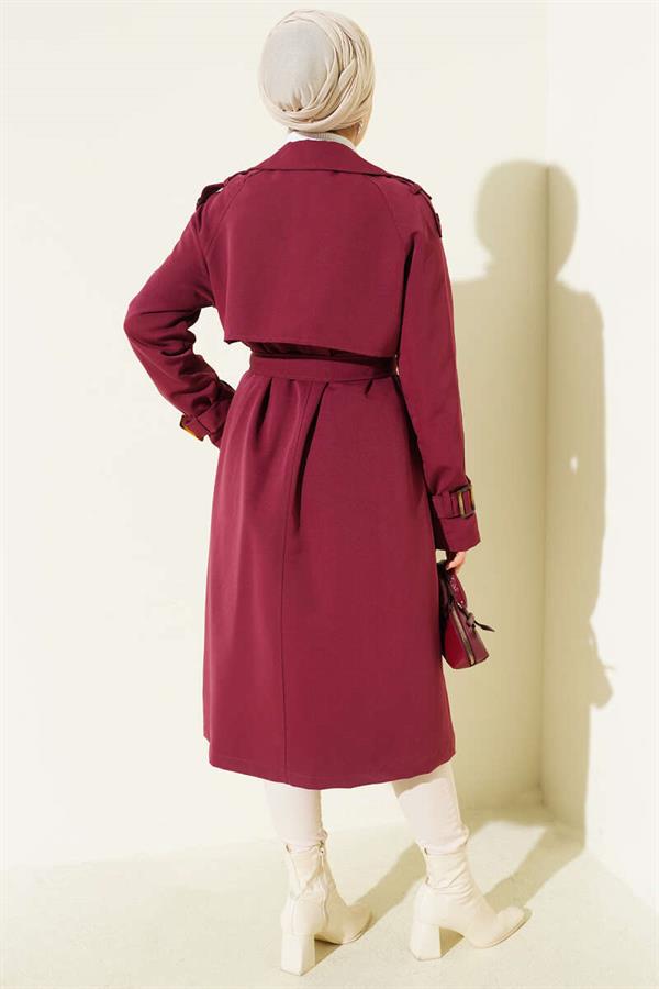 Double-breasted Trench Coat with Epaulettes, Burgundy