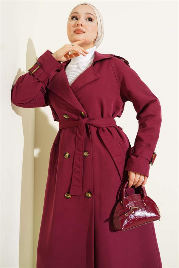 Double-breasted Trench Coat with Epaulettes, Burgundy