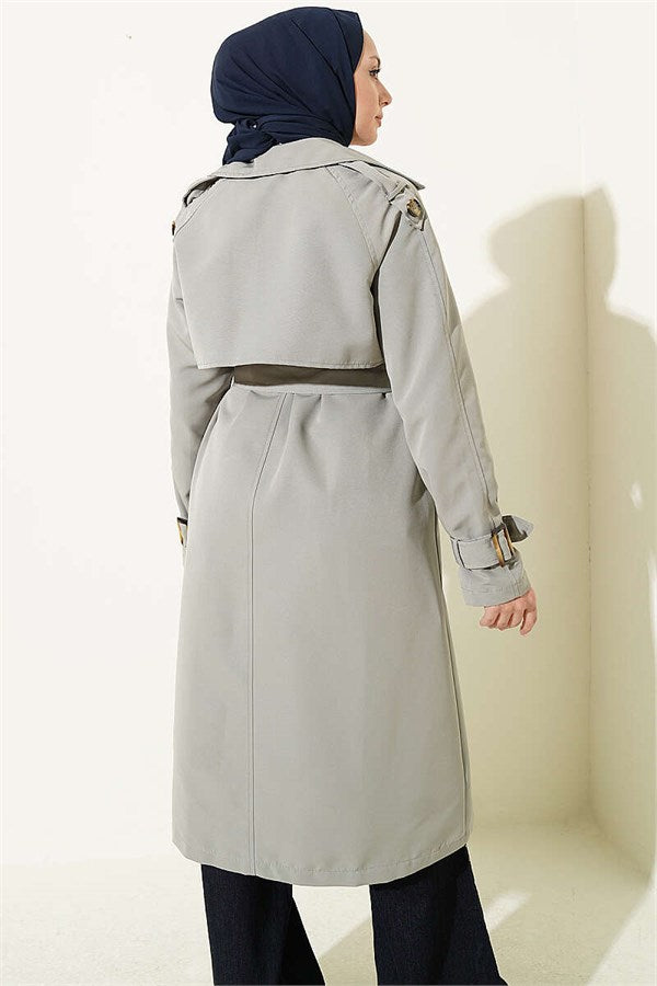 Grey Double-Breasted Trench Coat with Epaulets