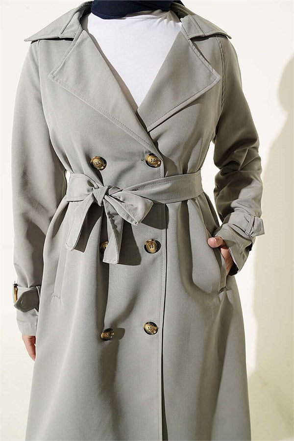 Grey Double-Breasted Trench Coat with Epaulets