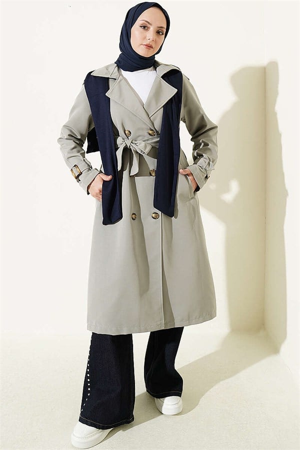 Grey Double-Breasted Trench Coat with Epaulets