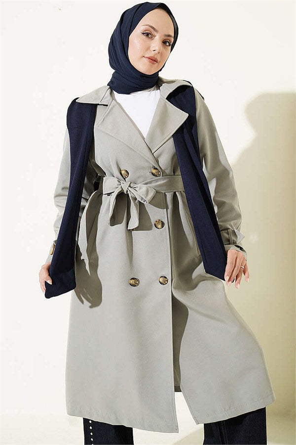 Grey Double-Breasted Trench Coat with Epaulets