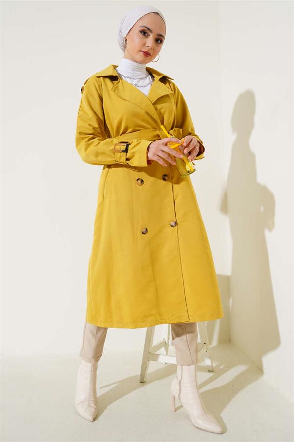 Double-breasted Trench Coat with Epaulettes, Oil Green