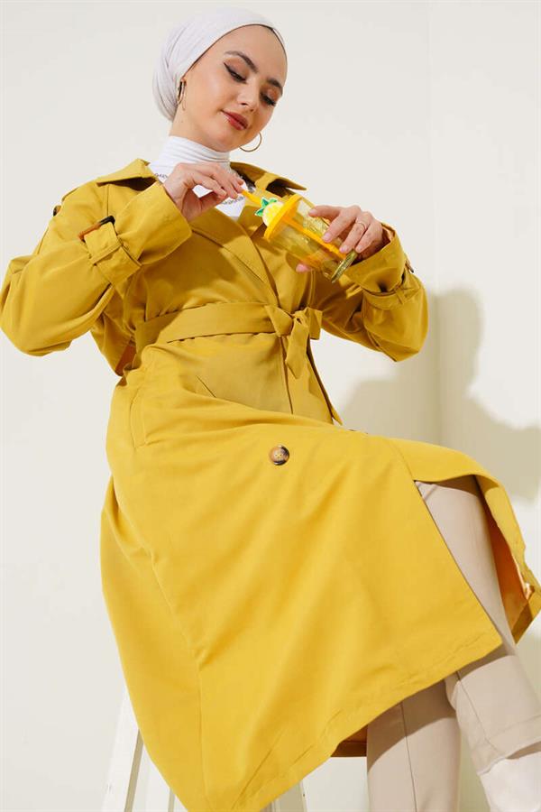 Double-breasted Trench Coat with Epaulettes, Oil Green