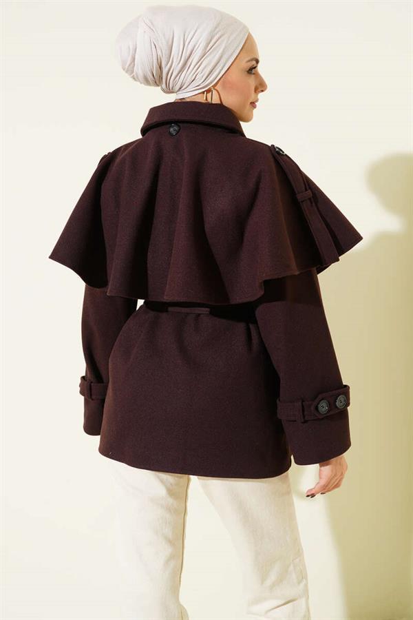 Short Cashmere Coat with Epaulettes and Cape, Bitter Brown